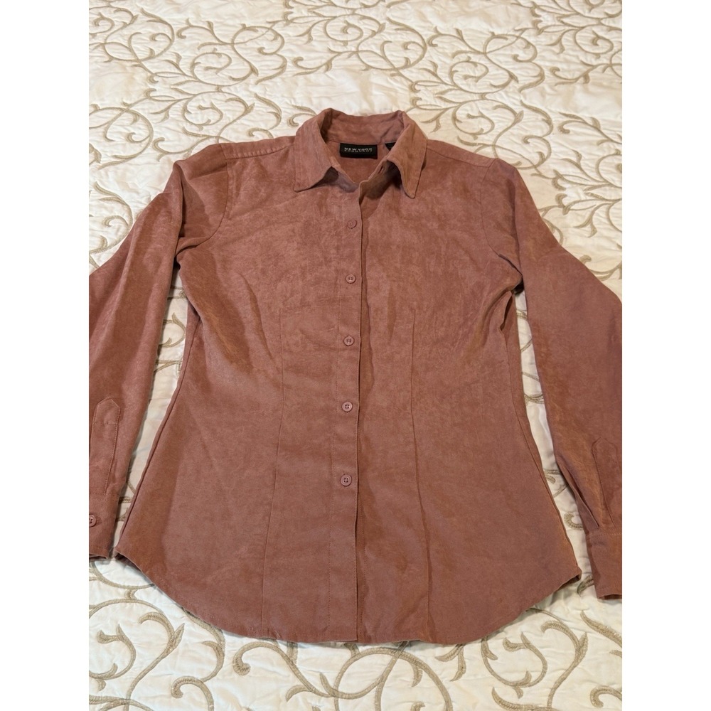 New York & Company XS Faux Suede Button Front Blouse Dusty Rose Long Sleeve Top